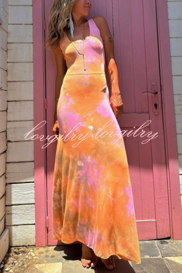 La Bamba Tie-dye Print Back Lace-up Stretch Maxi Dress