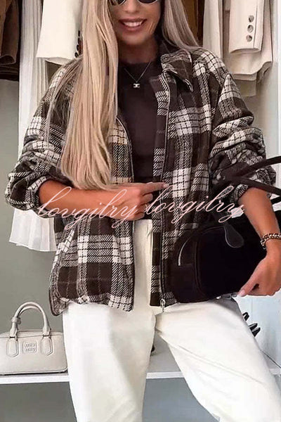 Fashion Plaid Print Lapel Long Sleeve Loose Zipper Jacket