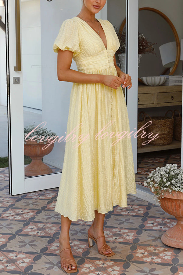 Rustic V Neck Button Zip Pleated Slit Puff Sleeve Maxi Dress