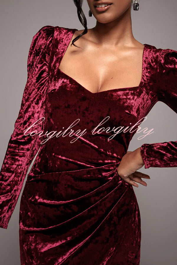 Solid Color Velvet Long-sleeved Slim-fit Slit Midi Dress
