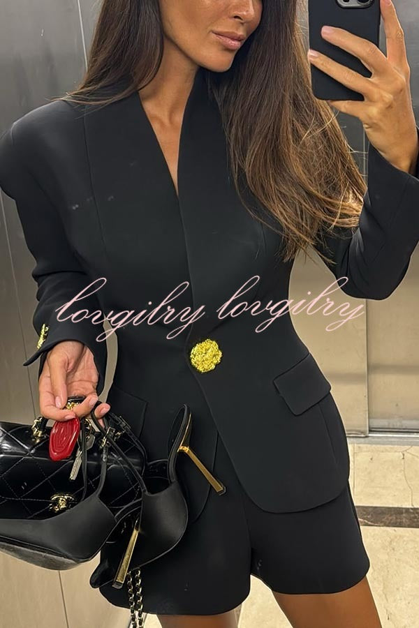 Classic Luxury Unique Metal Button Stand Collar Long Sleeve Blazer