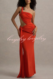Sexy One-shoulder Backless Ribbon Pleated Slim Maxi Dress