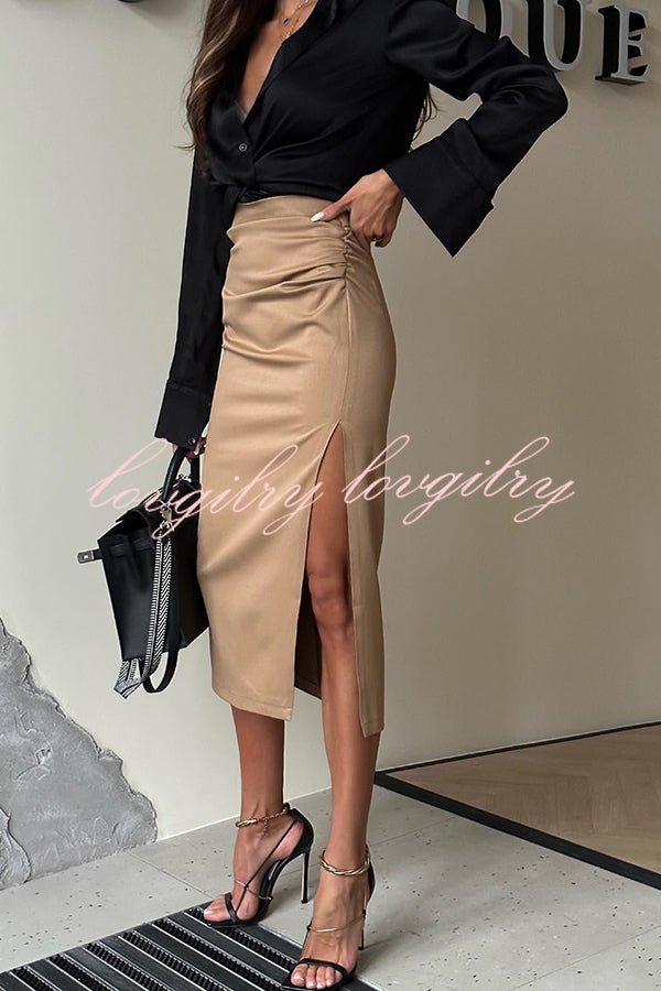 Layla Ruched Back Elastic Waist Side Slit Midi Skirt