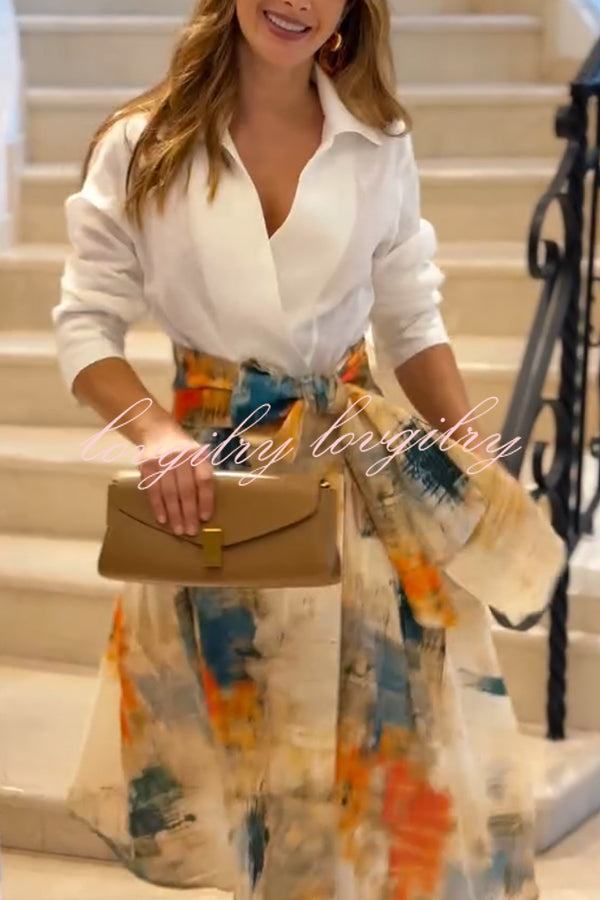Jiles Linen Blend Unique Contrast Print Long Sleeve Tie-up Pocket Shirt Midi Dress