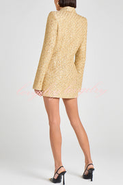 Heels Click Tweed Fabric Pearl Button Long Sleeve Lapel Blazer Mini Dress