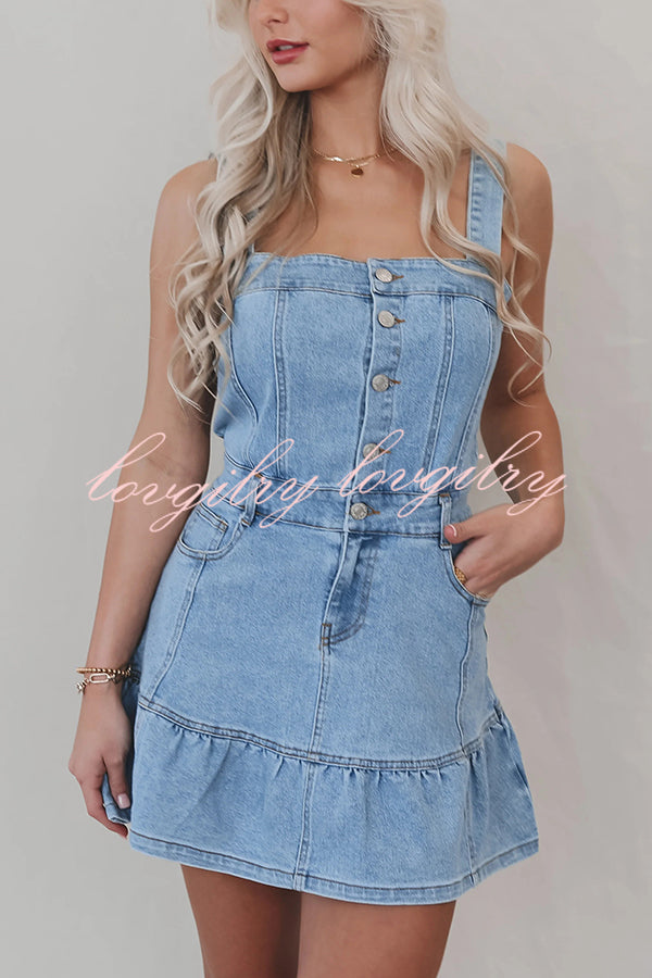 Solid Square Neck Suspender Button Pocket Denim Mini Dress