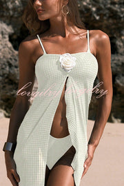 Solid Strappy Stretch Two-piece Bikini Swimsuit and Floral Embellished Maxi Cover-up Skirt Set