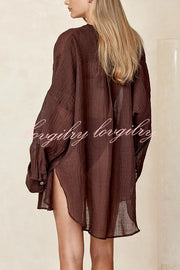 Barcelona Linen Blend V-neck Button Long Sleeve Oversized Tunic