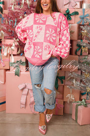 Christmas Snowflake Candy Round Neck Long Sleeve Loose Knitted Sweater