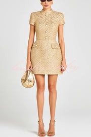 Gold Standard Tweed Fabric Pearl Button Short Sleeve Pocketed Mini Dress
