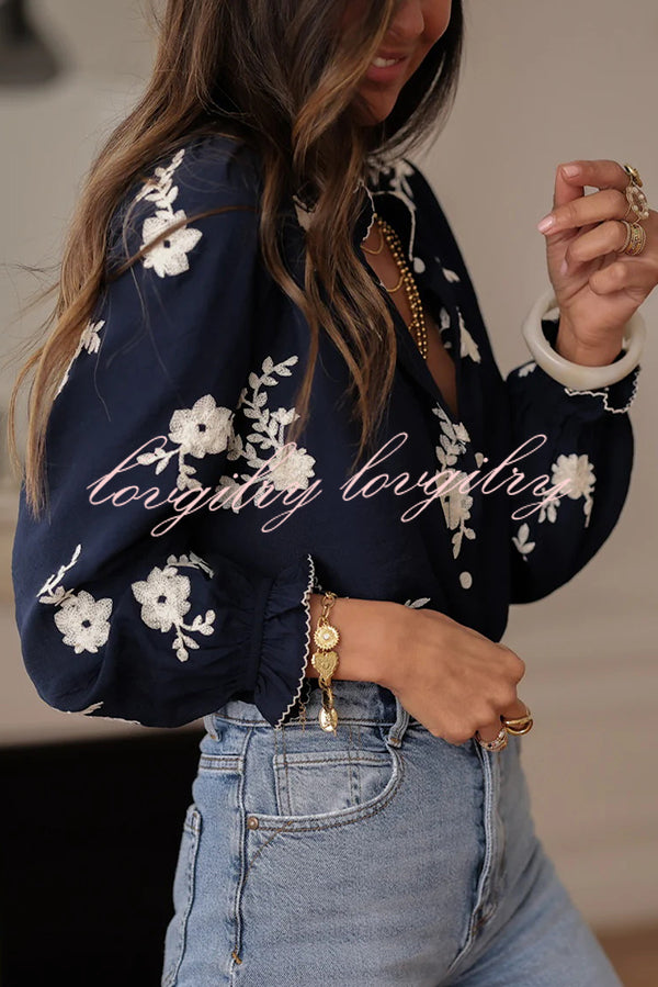 Floral Embroidery Long-Sleeved Button-Up Elegant Shirt