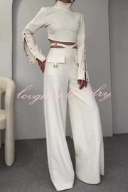 Leia High Neck Button Bell Sleeve Top and Cutout Waist Metal Pocketed Flare Pants Set