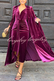 Elisabeth Luxurious Velvet Padded Shoulders Long Sleeve Twist Waist Drape Midi Dress