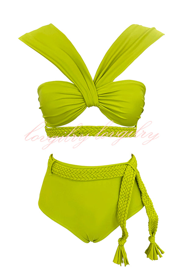 Solid Color Braided Rope High Waist Stretch Two-piece Bikini Swimsuit