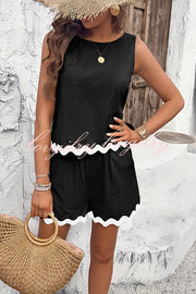 Casual Wavy Edge Buttoned Elastic Waist Shorts Set