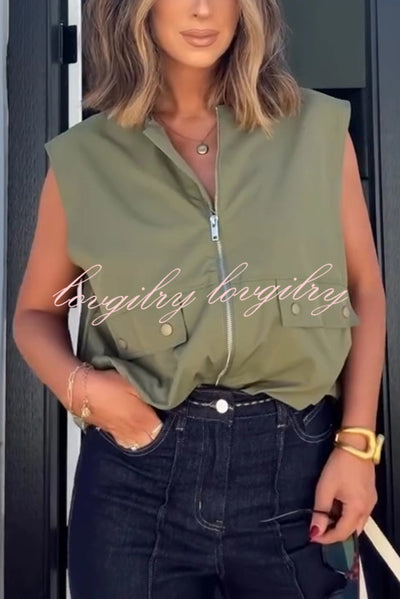 Fashion Zipper Sleeveless Pocket Loose Vest Jacket