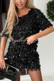 Polished Uptown Sequin Tassel Round Neck Short Sleeve Top and Elastic Waist Mini Skirt Set