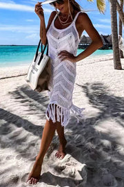 Queen of The Beach Tassel Cutout Knit Cover-up Dress