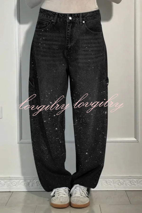 Fashionable Rhinestone Mid-rise Loose Pocket Straight Jeans