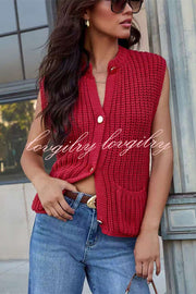 Solid Color Sleeveless Button Pocket Knit Vest