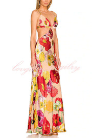 Hawaiian Dreams Satin Floral Print Cutout Backless Maxi Dress