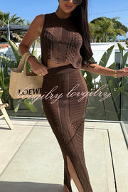 Solid Color Sleeveless Hollow Knit Crop Top and Elastic Slit Slim Midi Skirt Set