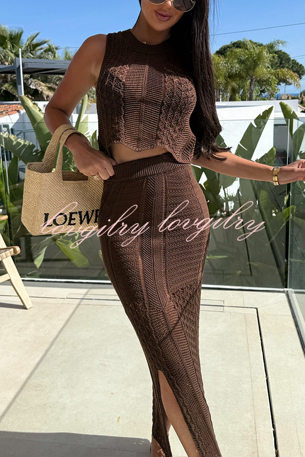 Solid Color Sleeveless Hollow Knit Crop Top and Elastic Slit Slim Midi Skirt Set