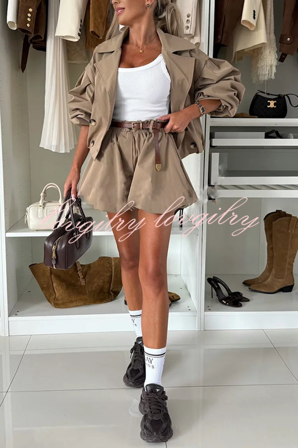 Fashion Style Button Long Balloon Sleeve Pocket Lapel Casual Bomber Jacket