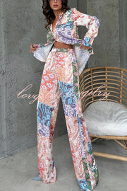 Unique Ethnic Print Long-sleeved Shirt and Elastic Waist Pants Set