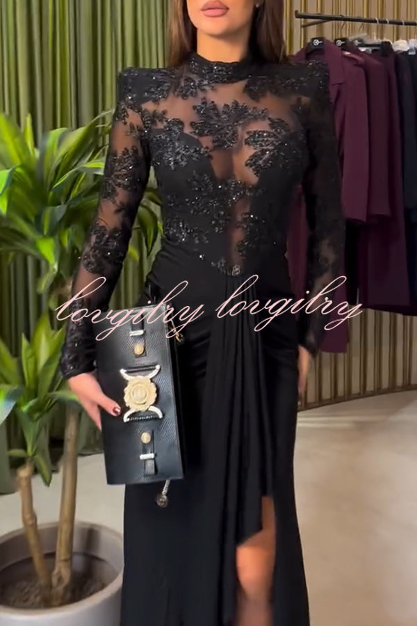 Fenna Sheer Floral Sequin Shoulder Pads Long Sleeve Drape Slit Maxi Dress