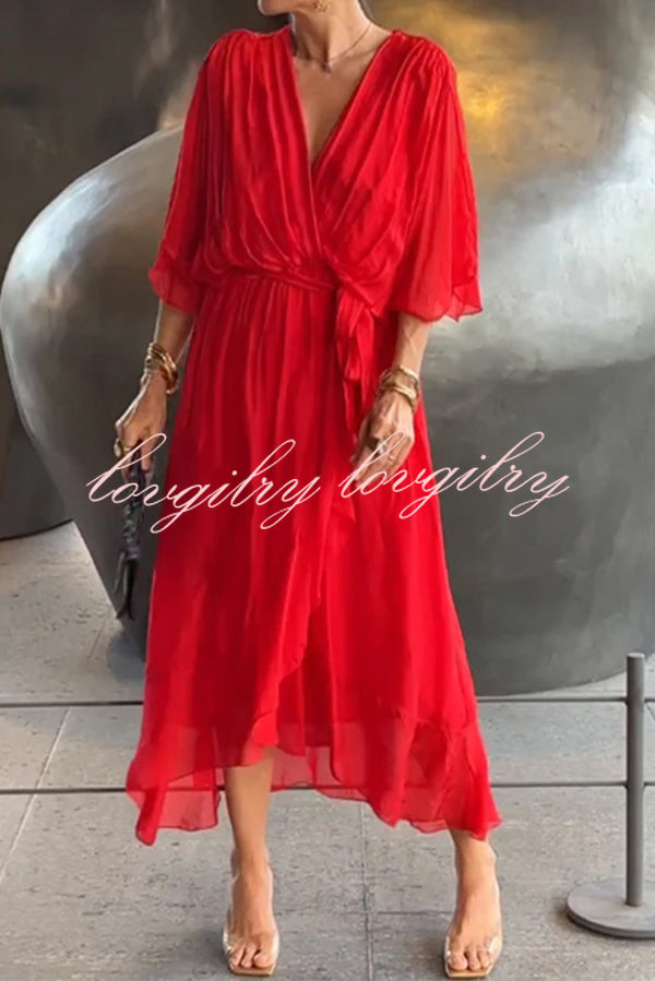 Solid Color V-neck Bat Sleeve Lace-up Irregular Hem Midi Dress