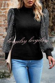 Sequined Paneled Knitted Long Sleeved Shirts