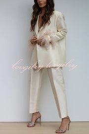 Chic Affair Satin Feather Trim Lapel Loose Blazer and High Rise Pocket Tapered Pants Set