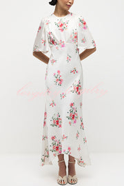 City Life Satin Floral Print Bell Sleeve Fitted Silhouette Maxi Dress
