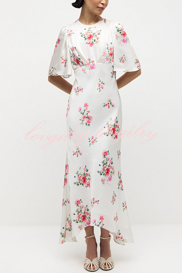 City Life Satin Floral Print Bell Sleeve Fitted Silhouette Maxi Dress