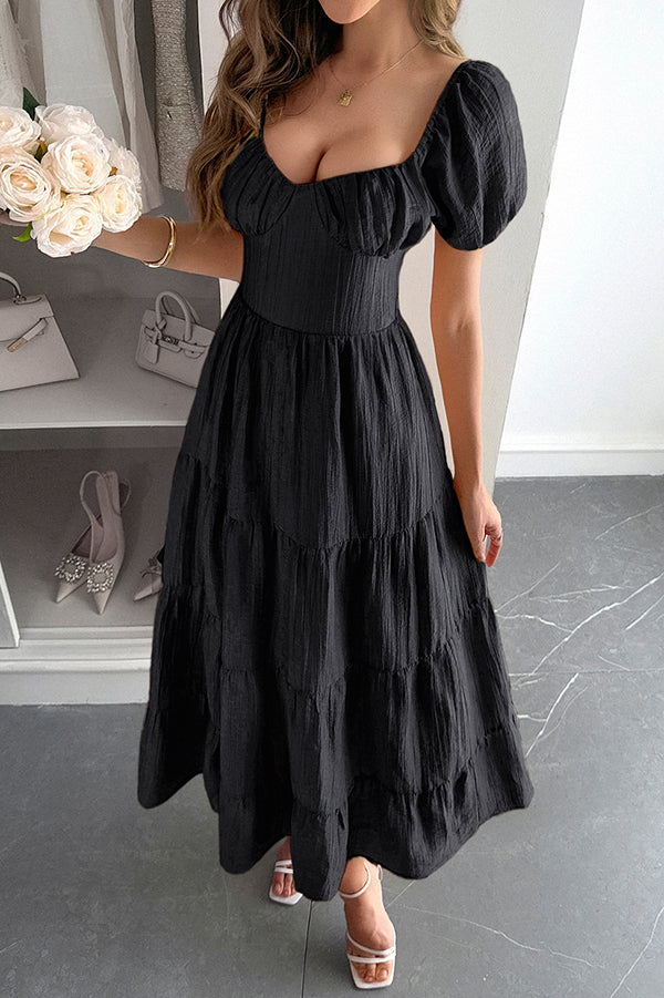 Solid Color V-neck Puff Sleeve Casual Holiday Style Midi Dress