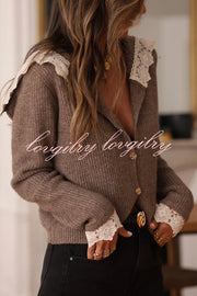 Fashionable Lace-trimmed Sailor Collar Casual Knit Cardigan