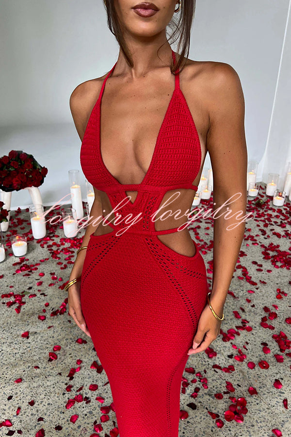 Effortlessly Cool and Sexy Knit Crochet Cutout Halter Tie-up Stretch Maxi Dress