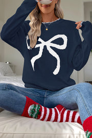 Christmas Contrasting Color Big Bow Round Neck Long Sleeve Loose Knitted Sweater