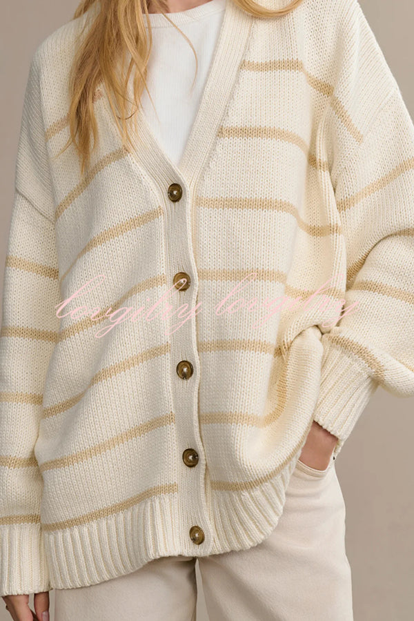 Striped Loose V-neck Long-sleeved Casual Knit Cardigan