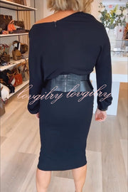 Winston Faux Leather Patchwork Wide Belt Design One Shoulder Stretch Midi Dress