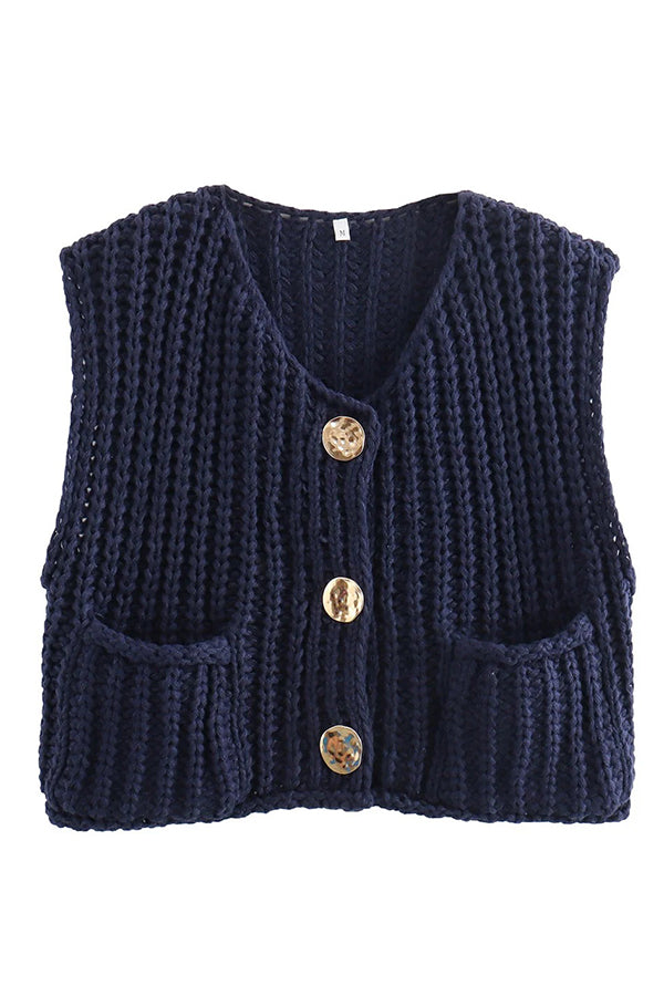 Solid Color Sleeveless Pocket Knitted Vest