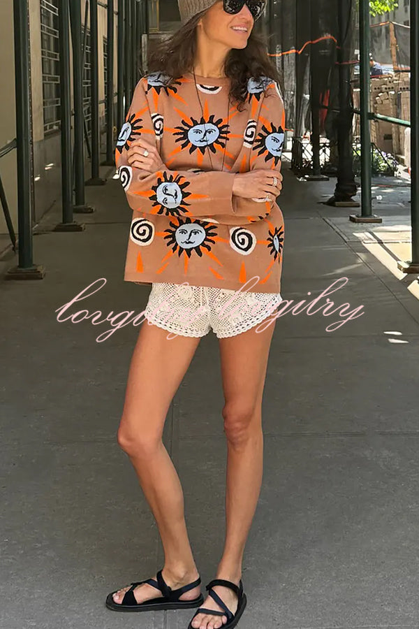 Mediterranean Art Knit Unique Sun Vortex Print Long Sleeve Relaxed Sweater