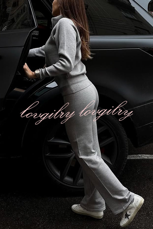 Cozycore Knit Zipper Long Sleeve Cardigan and Stretch Wide Leg Pants Set