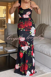 Keep Blooming Floral Print Asymmetric Cowl Neckline Stretch Maxi Dress