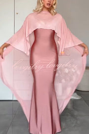 Party Charm Satin Sheer Chiffon High Low Cape Slip Maxi Dress
