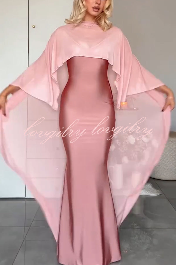 Party Charm Satin Sheer Chiffon High Low Cape Slip Maxi Dress