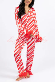 Christmas Party Striped Print Pocket Feather Elastic Waist Pajama Set