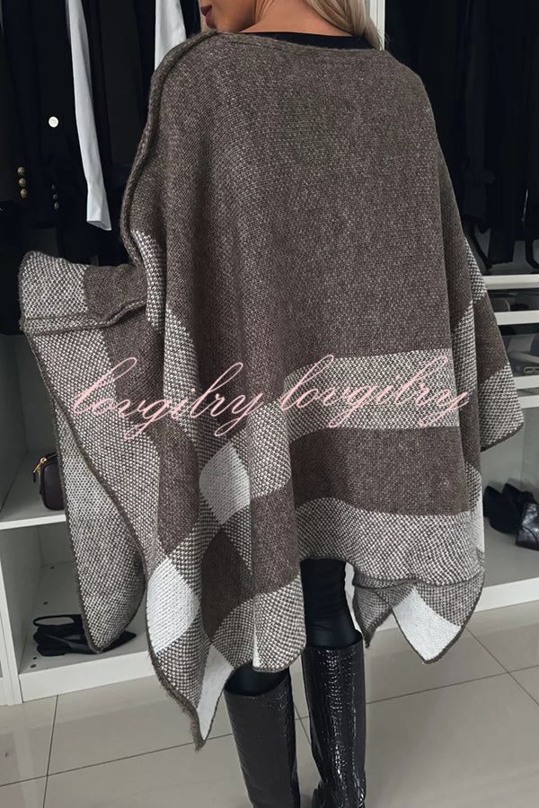 Calm and Elegant Knit Plaid Color Block Batwing Sleeve Loose Poncho