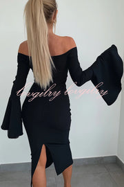 Solid Color Sexy Off-shoulder Trumpet Sleeve Slim Midi Dress